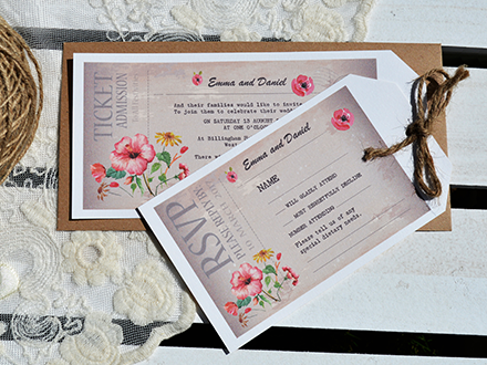 Vintage Ticket with twine bow and RSVP